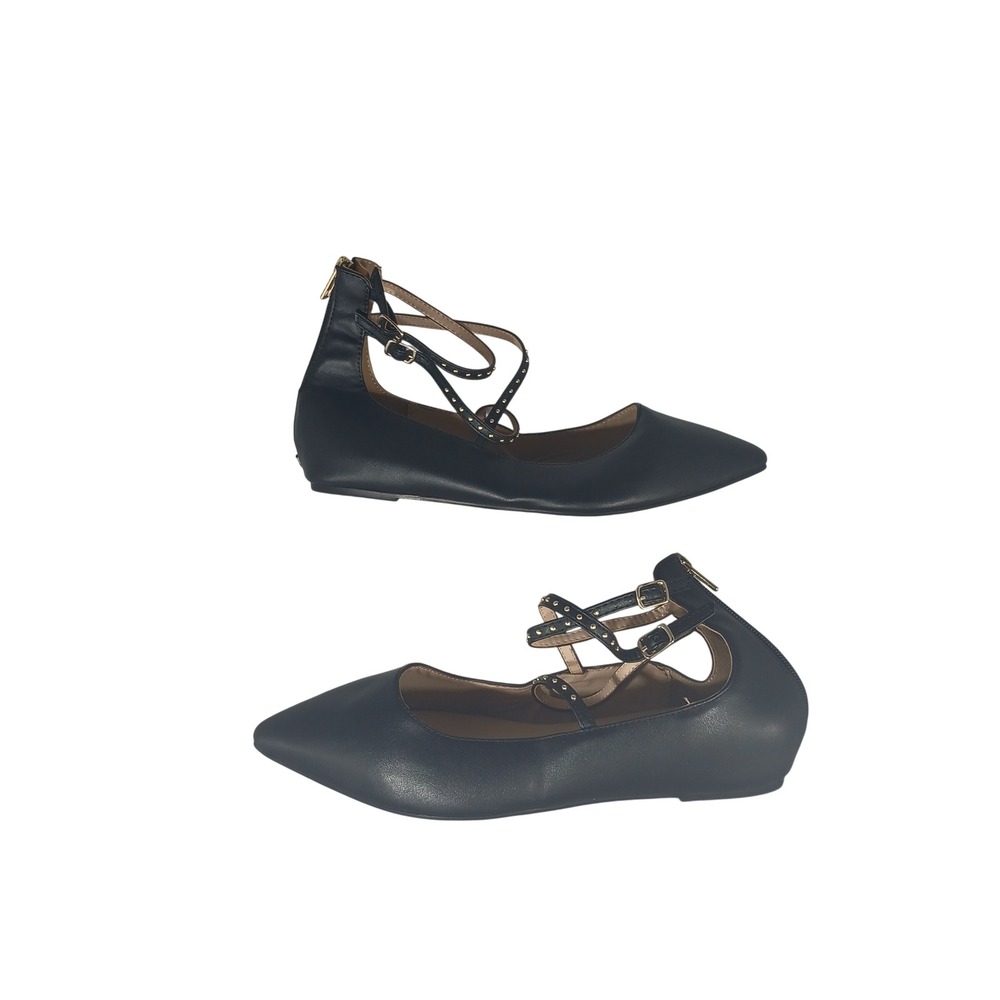 Y-Not? Havanna Pointed Toe Studded Strappy Flats 10 Black Goth Edgy Office Siren